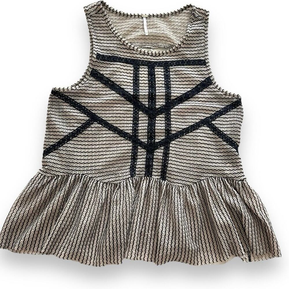 Free People Boho Crochet Peplum Tank Top Size Large Black Tan